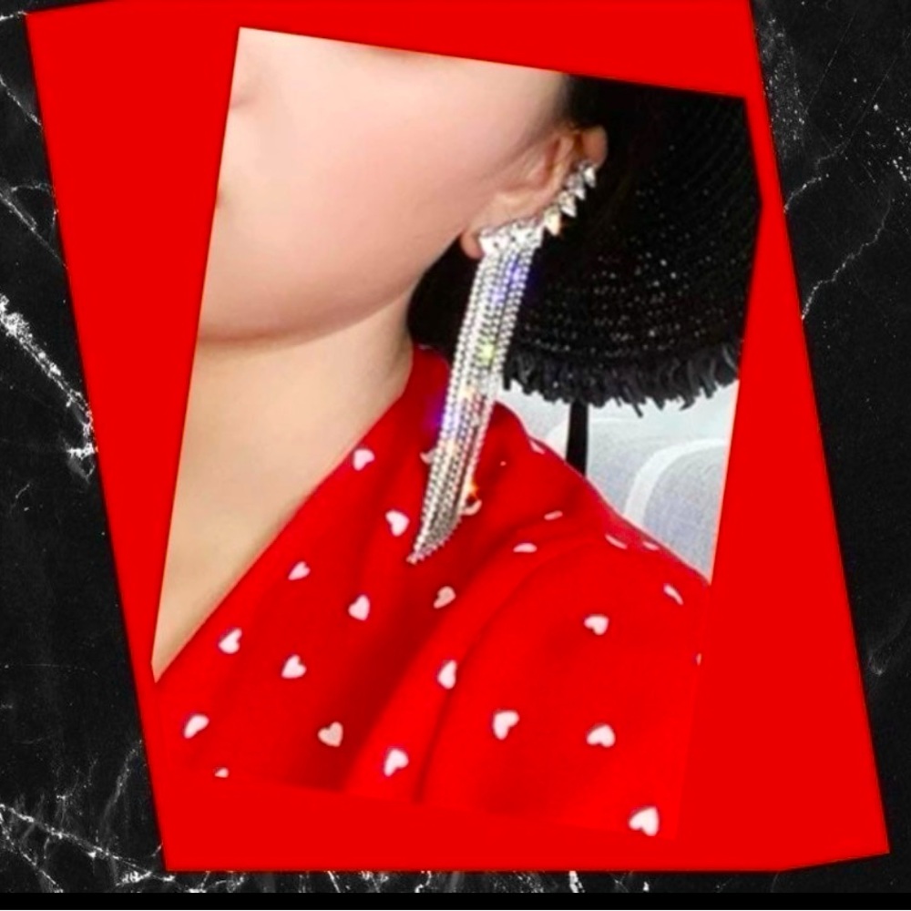 Earlobe Earrings- Rhinestone Drop With Long Chain Tassel/ No Piercing Needed